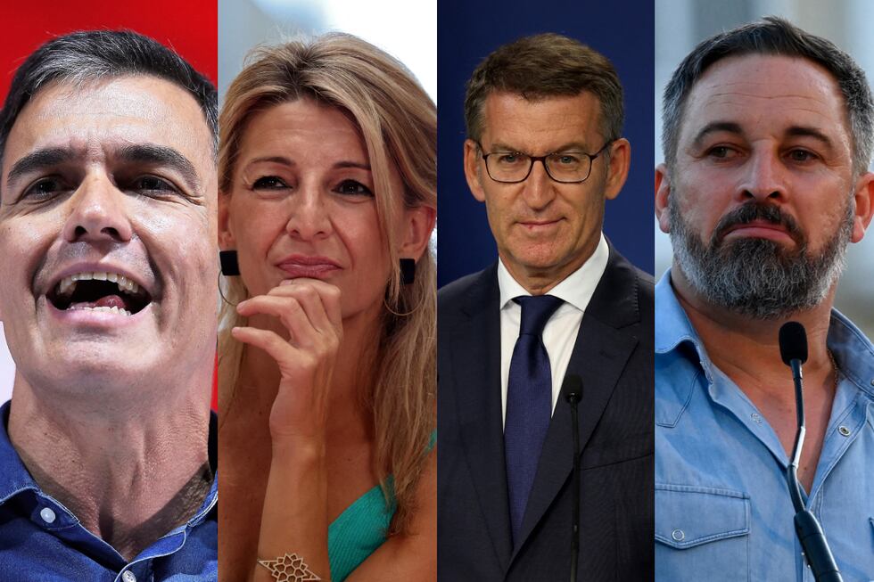 Los candidatos a las Elecciones España 2023 este 23 de julio, Pedro Sánchez (PSOE), Yolanda Díaz (Vamos), Alberto Núñez Feijóo (PP) y Santiago Abascal (Vox). (Foto: AFP)