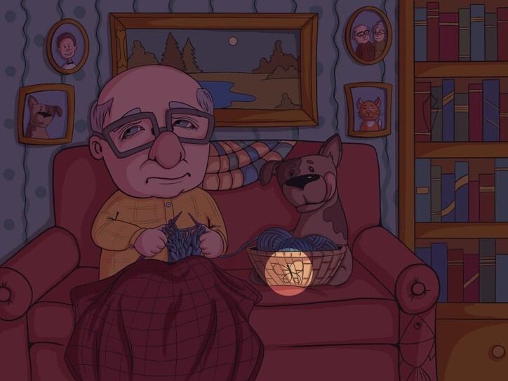 RETO VISUAL | La mariposa está escondida en la canasta de lana que se encuentra en el sofá donde está sentado el abuelo en la imagen. | Bright Side