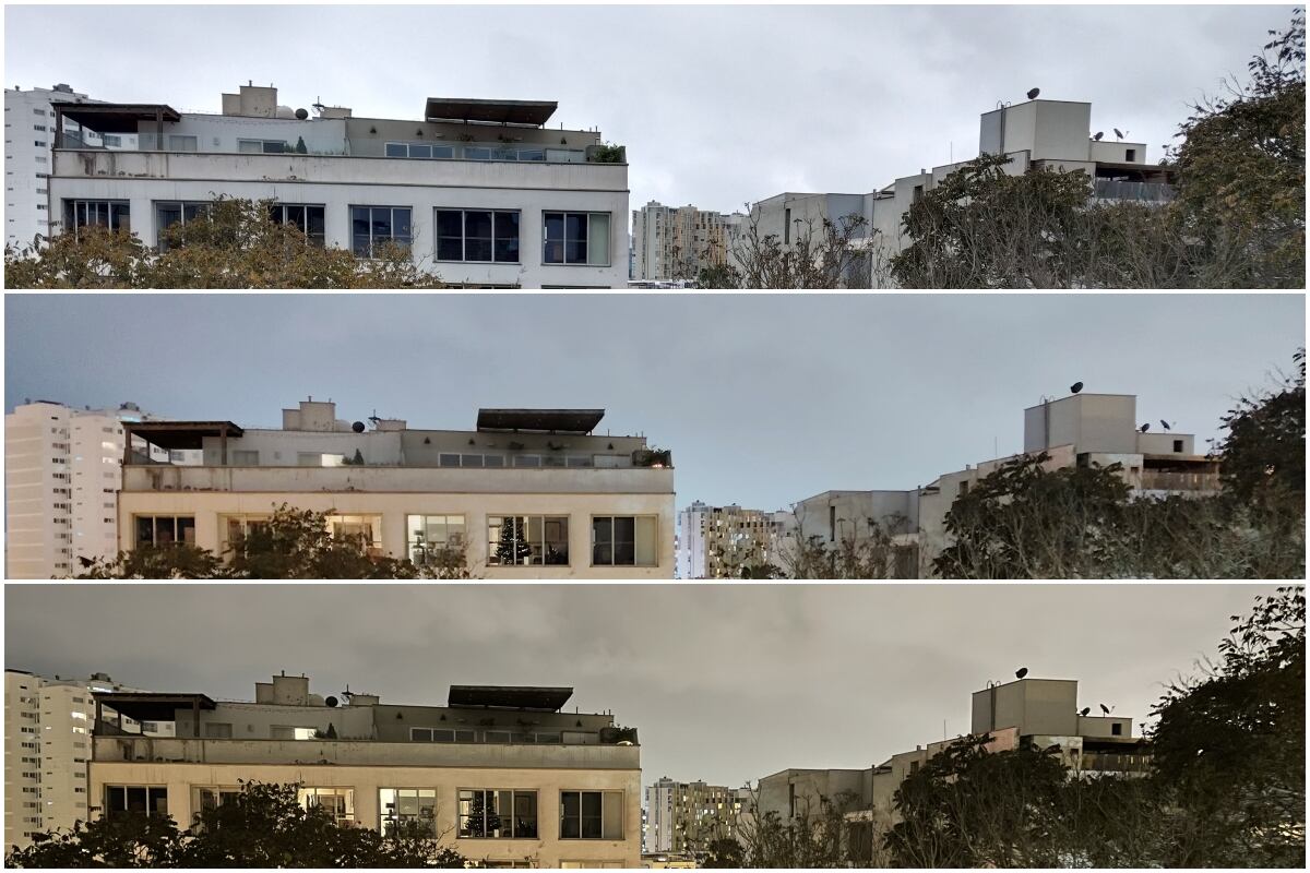 Prueba de la función noche de la cámara. La foto superior fue tomada de día, la segunda con la función noche y la última con otra cámara de celular.