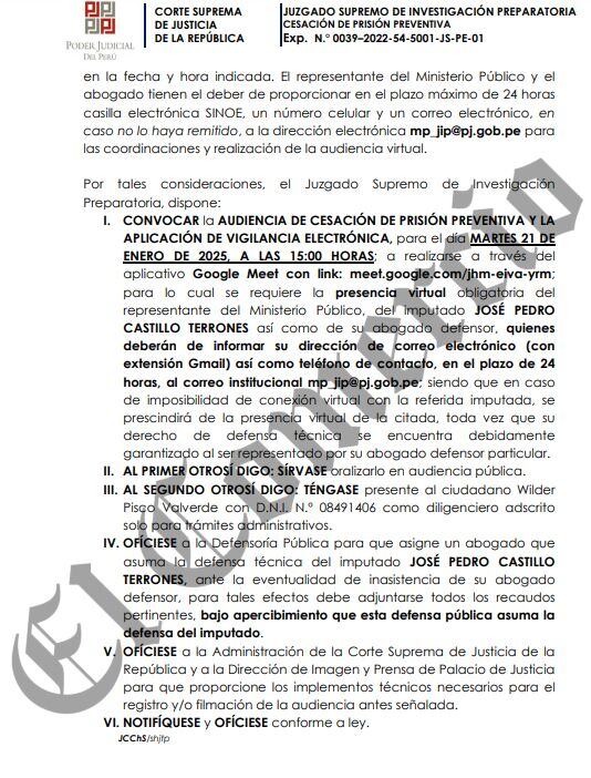 Pedro Castillo pide que se revoque prisión preventiva y se le dicte vigilancia electrónica en caso golpe de Estado.