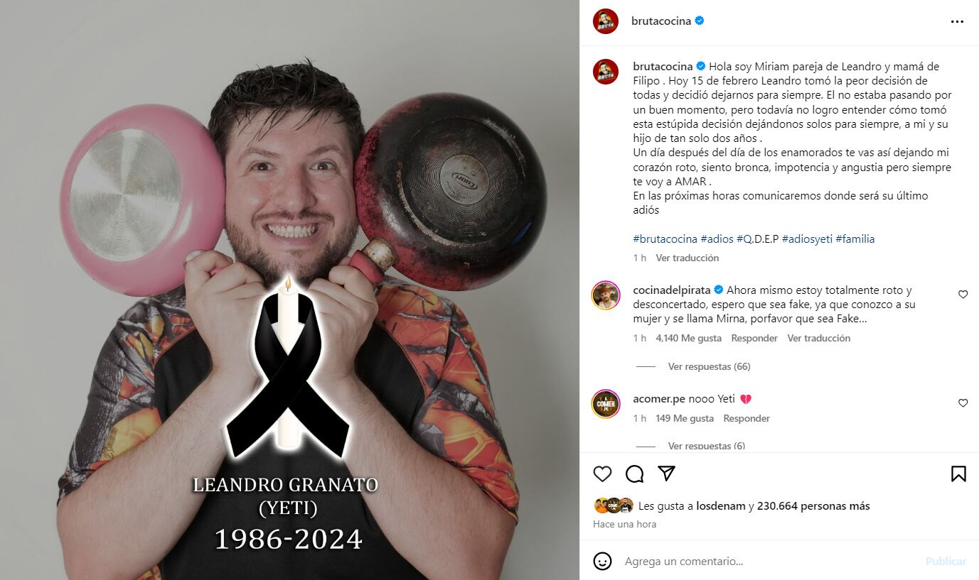 La muerte de Leandro Granato "El Yeti" causó sorpresa entre los seguidores de "Bruta Cocina" (Foto: Captura - Instagram)