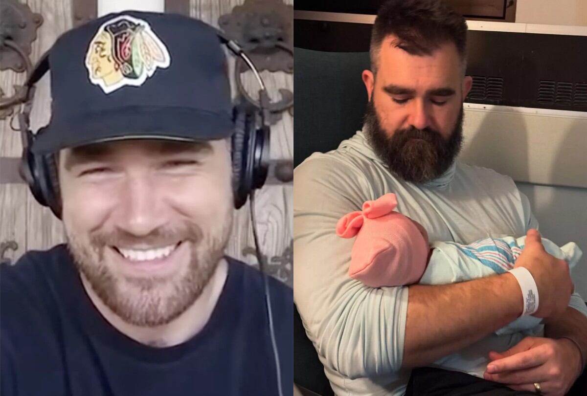 Travis Kelce también conoció a su nueva sobrina, Finnley, a través de una videollamada mientras grababa su podcast con su hermano Jason.| Crédito: YouTube New Heights