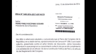 Despacho de PPK recibió oficio sobre censura a Jaime Saavedra