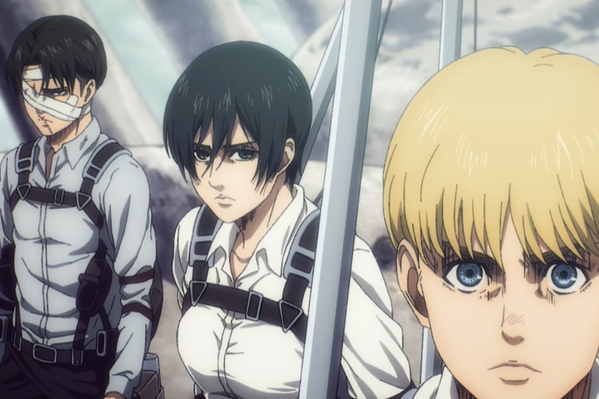 Armin, Mikasa y Levi sobre el titan fundador de Eren (Foto: MAPPA)