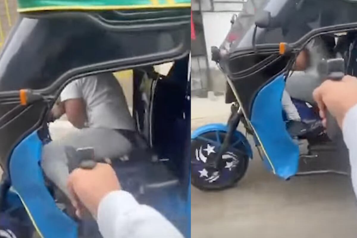 El video fue difundido en un grupo de WhatsApp de mototaxistas. El criminal interceptó a la víctima en la avenida Los Rosales. Foto: composición EC/captura Buenos Días Perú