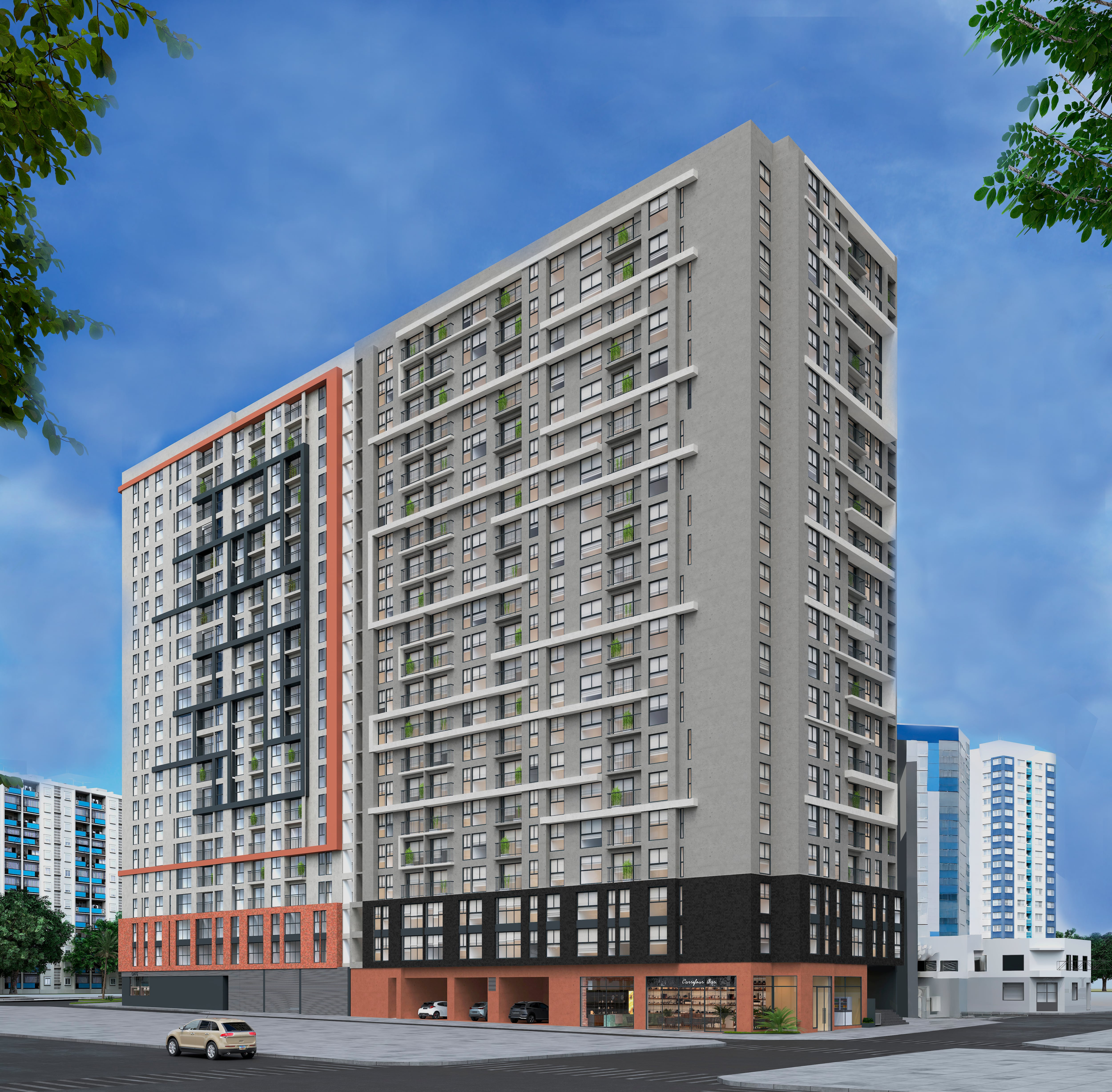 Edificio residencial que forma parte del desarrollo inmobiliario de Desarrolladora en Domingo Orúe, Surquillo.