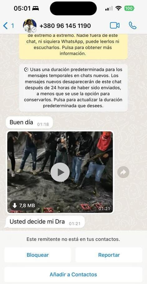 Captura de WhatsApp que acompaña el comunicado de la Fiscalía de Ecuador. Twitter @FiscaliaEcuador