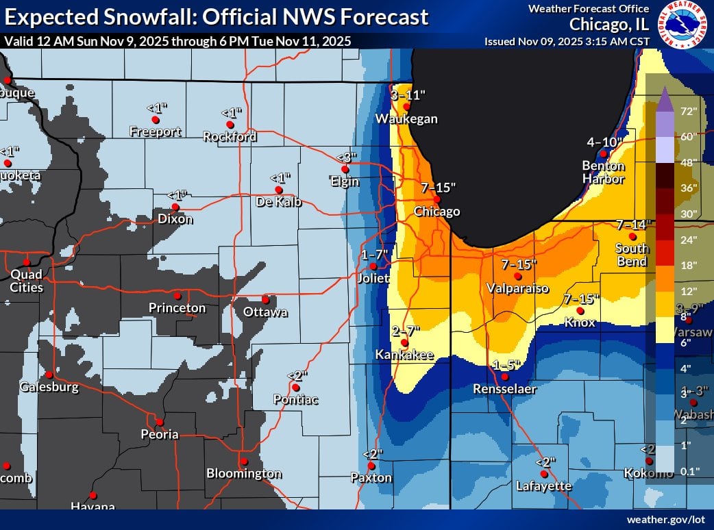 Algunas zonas del área metropolitana de Chicago podrían recibir más de un pie de nieve, dependiendo de las bandas de nieve por efecto lacustre desde la noche del domingo 9 hasta la mañana del lunes 10 de noviembre, según los pronosticadores. | Gráfico vía NWS Chicago