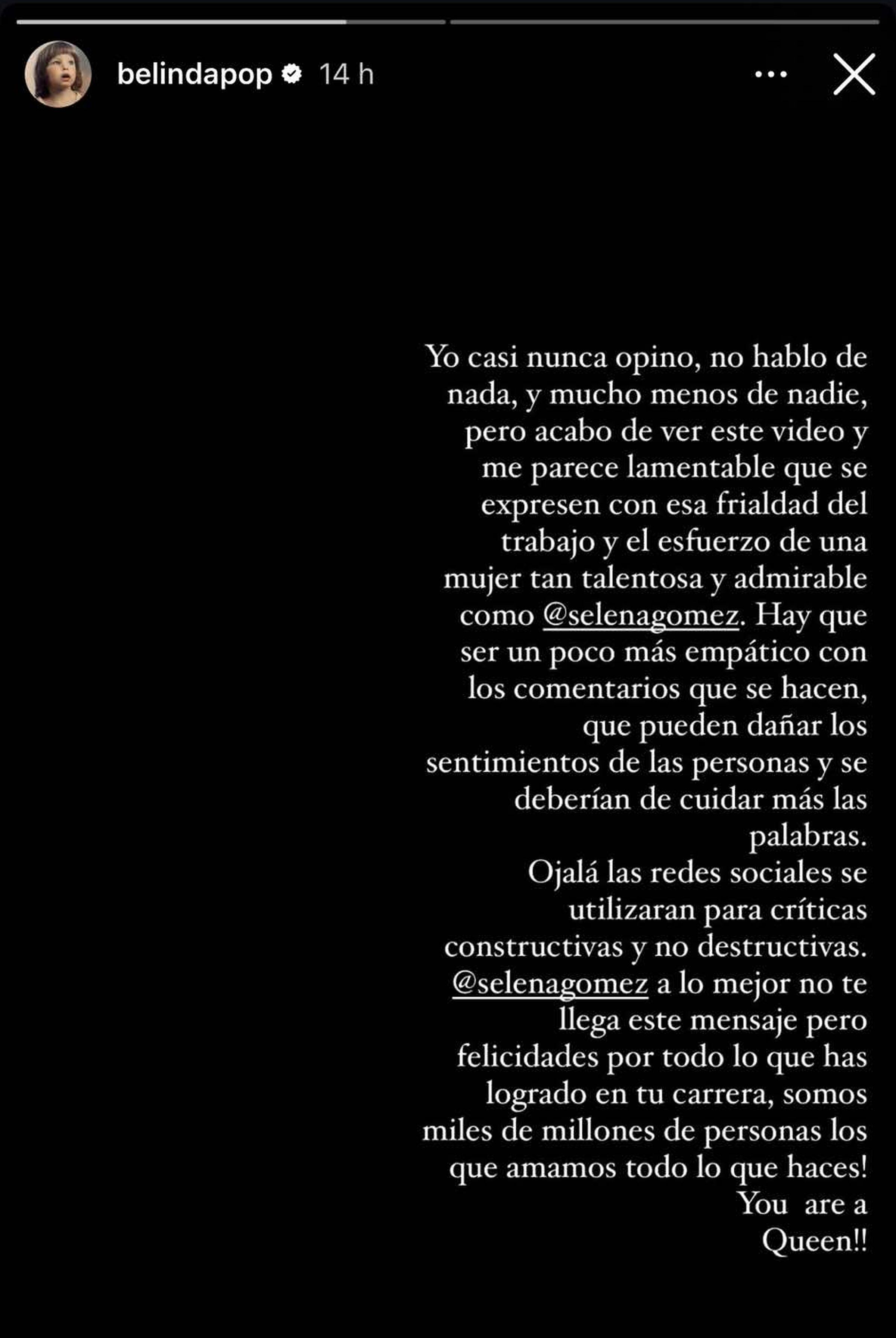 En esta imagen se aprecia el mensaje que escribió Belinda en apoyo a Selena Gomez. (Foto: @belindapop / Instagram)