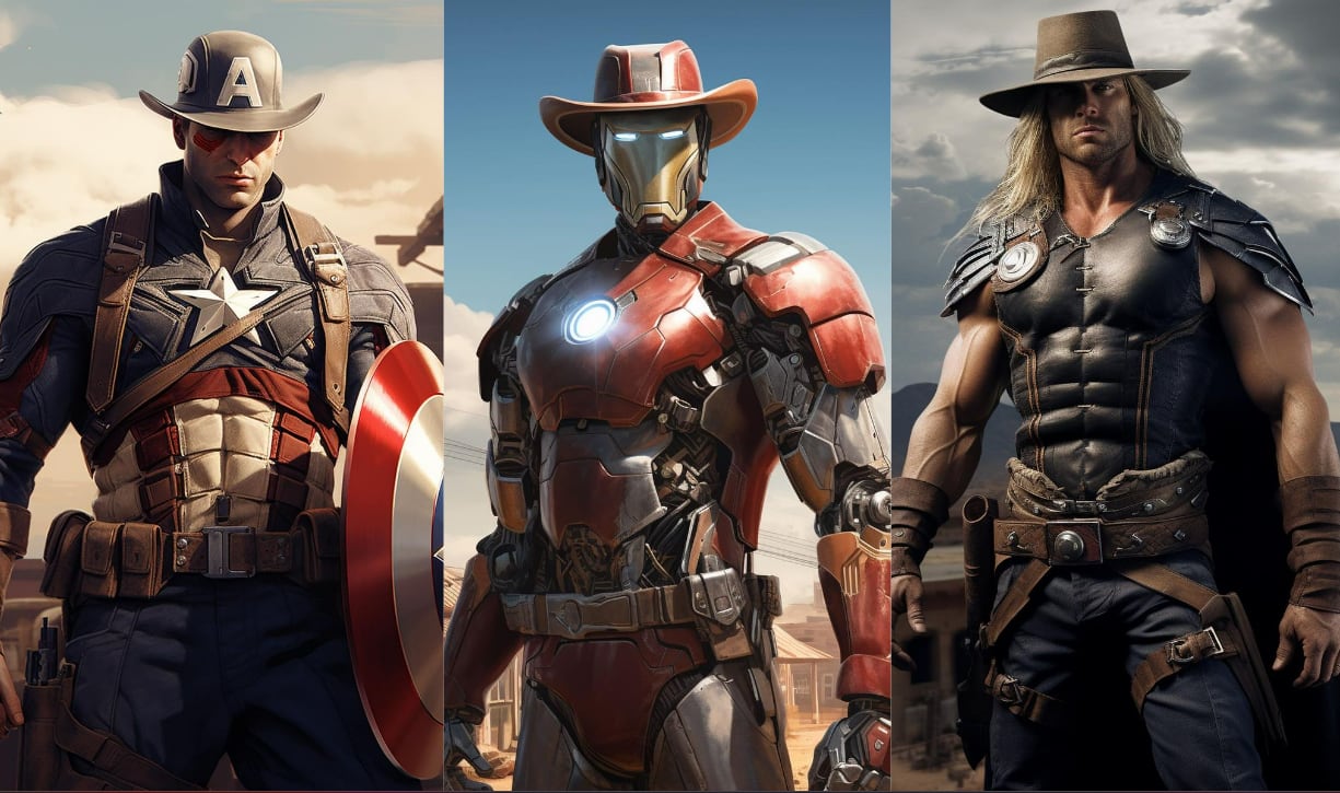 Así se verían Iron Man, Capitán América y Thor como vaqueros, según una IA. | (Foto: Midjourney/@midjourneyhero)