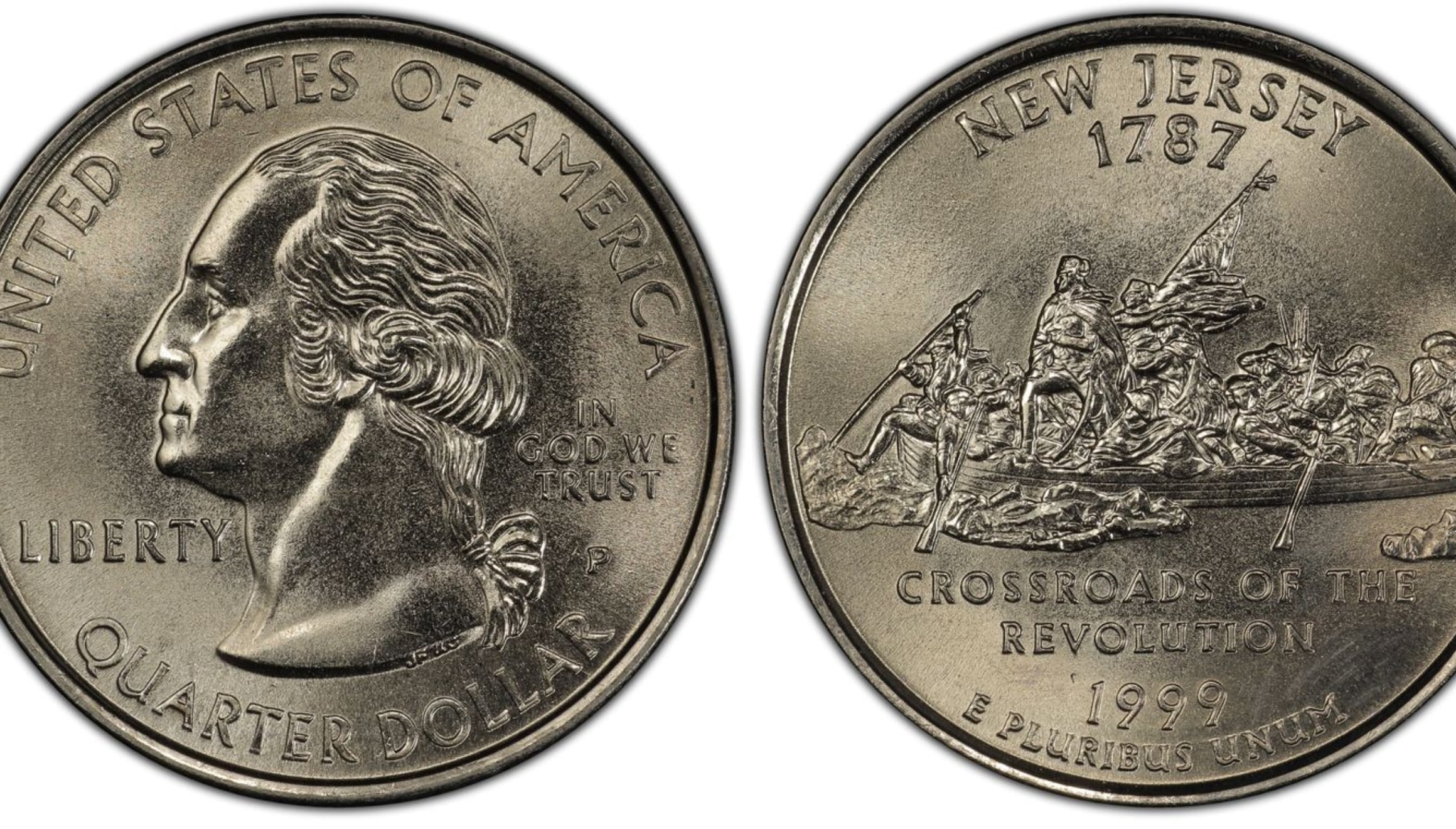 Las dos caras de la moneda de 25 centavos de Nueva Jersey de 1999 (Foto: PCGS)