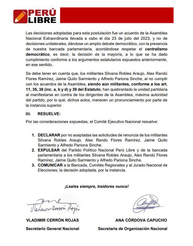 Perú Libre rechaza renuncias y decide expulsar a Silvana Robles, Jaime Quito, Alfredo Pariona y Alex Flores.
