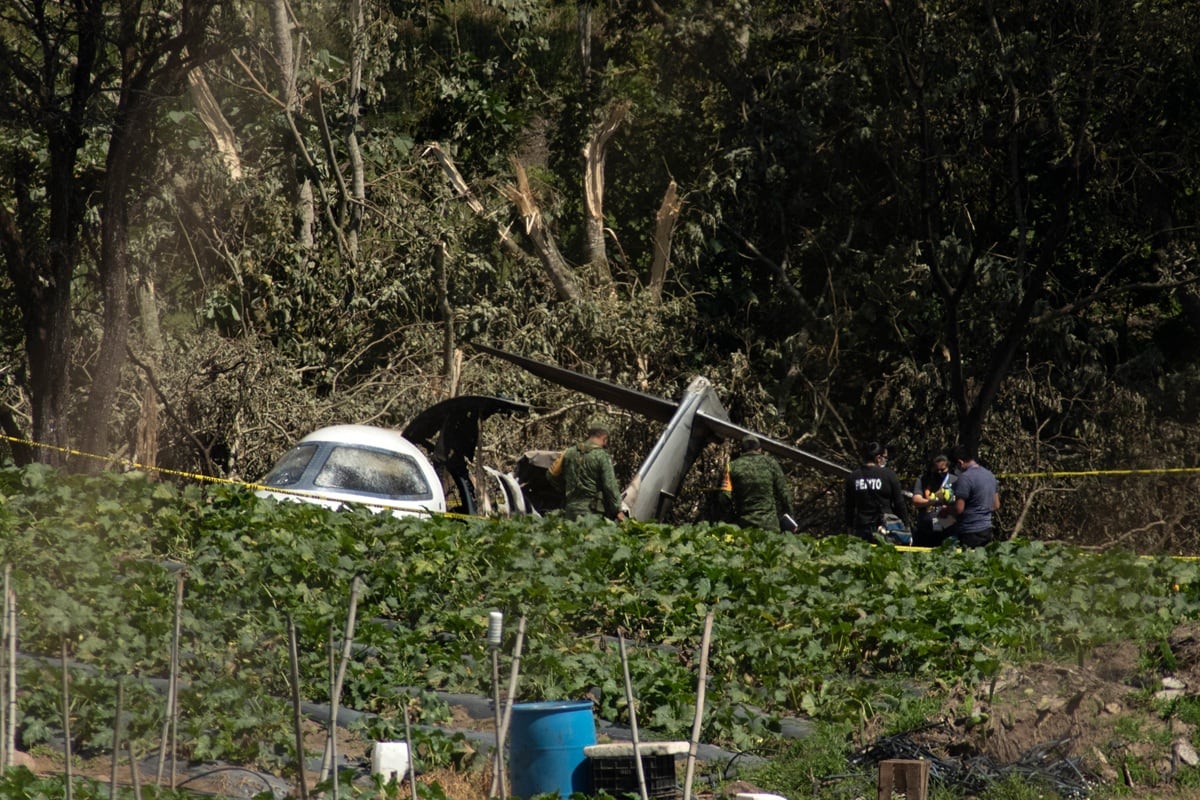 Soldados junto a un avión de la Fuerza Aérea Mexicana después de que se estrellara cerca del aeropuerto de Xalapa, estado de Veracruz, México, el 21 de febrero de 2021. (HECTOR QUINTANAR / AFP)