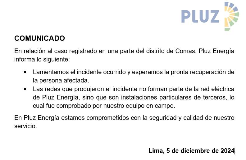 Comunicado de Pluz Energía. (Foto: Difusión)