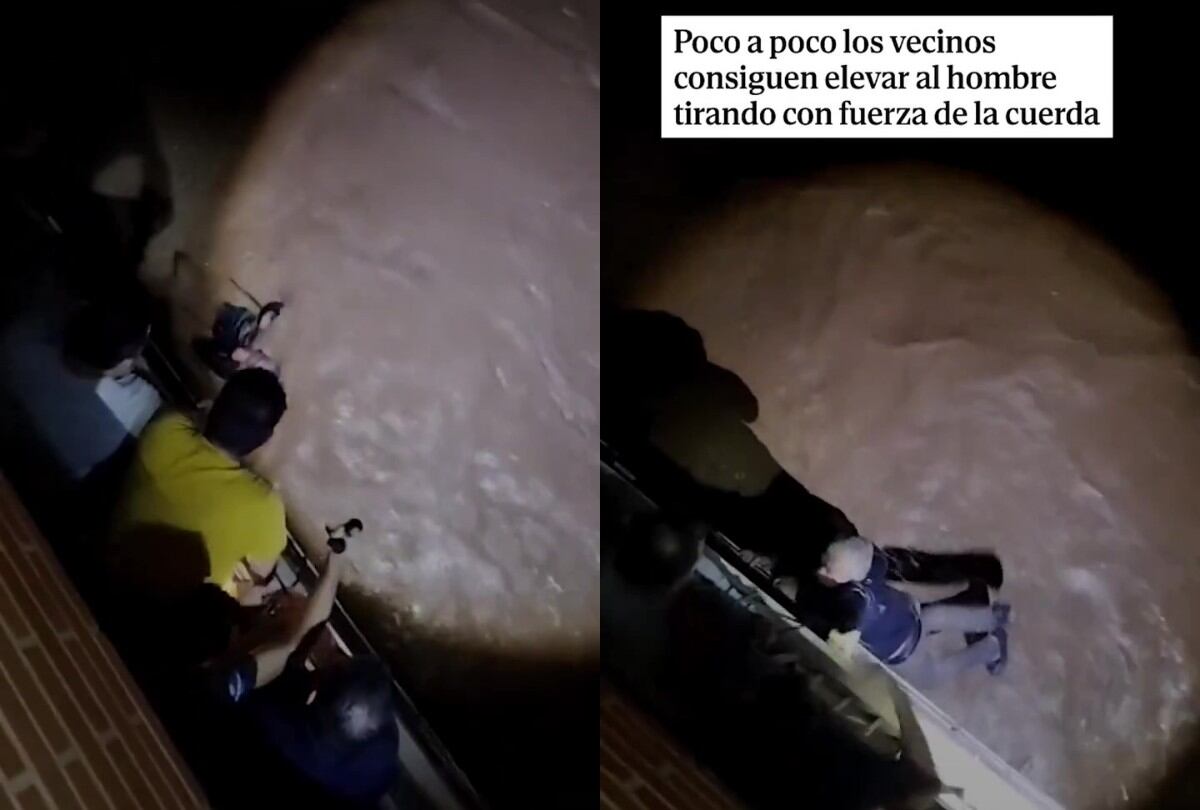Momento en el que vecinos de Albal rescatan a un hombre que era arrastrado por la riada. (X @elmundoes)