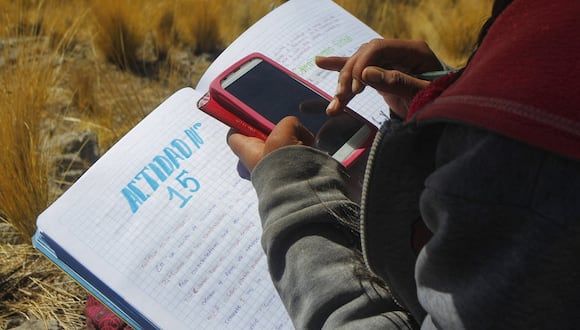 Una joven de 16 años toma notas durante una clase virtual desde lo alto de un cerro, en la remota comunidad altiplánica de Conaviri, distrito de Manazo, el 24 de julio de 2020, (Foto de Carlos MAMANI / AFP)
