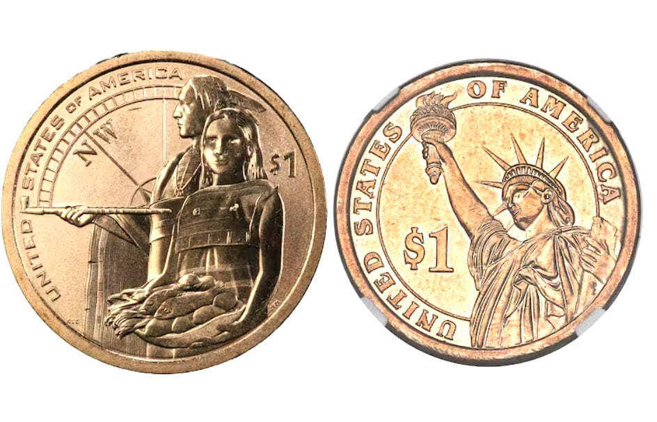 El dólar Sacagawea debía tener en su reverso la imagen de dos nativos americanos con un costal de pescados; pero presenta la imagen de la estatua de la Libertad (Foto: Freepik)
