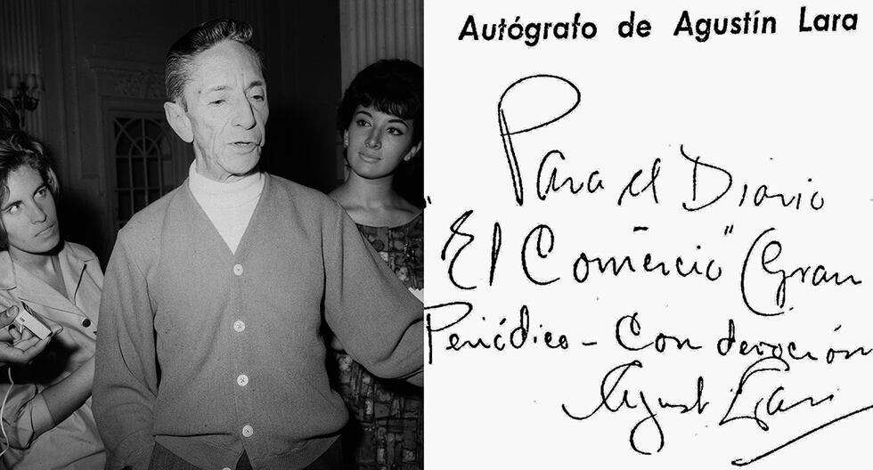 Lima, 17 de abril de 1964. Agustín Lara habla en una charla con periodistas en el hall del Hotel Bolívar, en el centro de Lima. De una u otra forma siempre procuraba estar cerca de mujeres hermosas. Antes de retirarse, escribió de puño y letra una honrosa dedicatoria al diario El Comercio. (Foto: GEC Archivo Histórico).