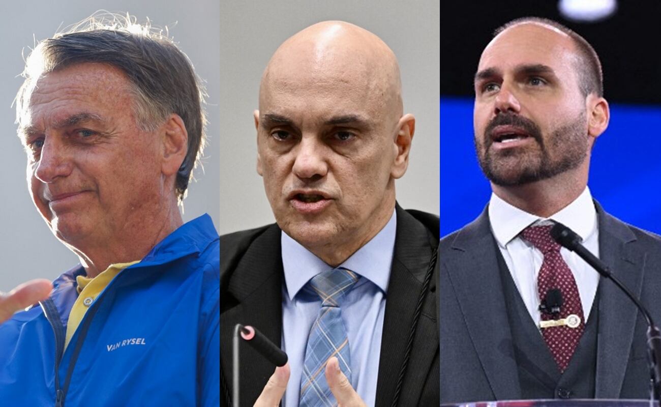 Jair Bolsonaro, juez Alexandre de Moraes y Eduardo Bolsonaro, hijo del expresidente brasileño. (Foto: AFP)
