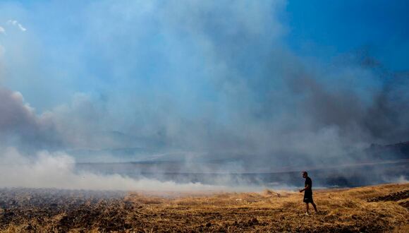 Un hombre mira los campos quemados durante un incendio este jueves en Velestino, Grecia. EFE/IKONOMOU VASSILIS