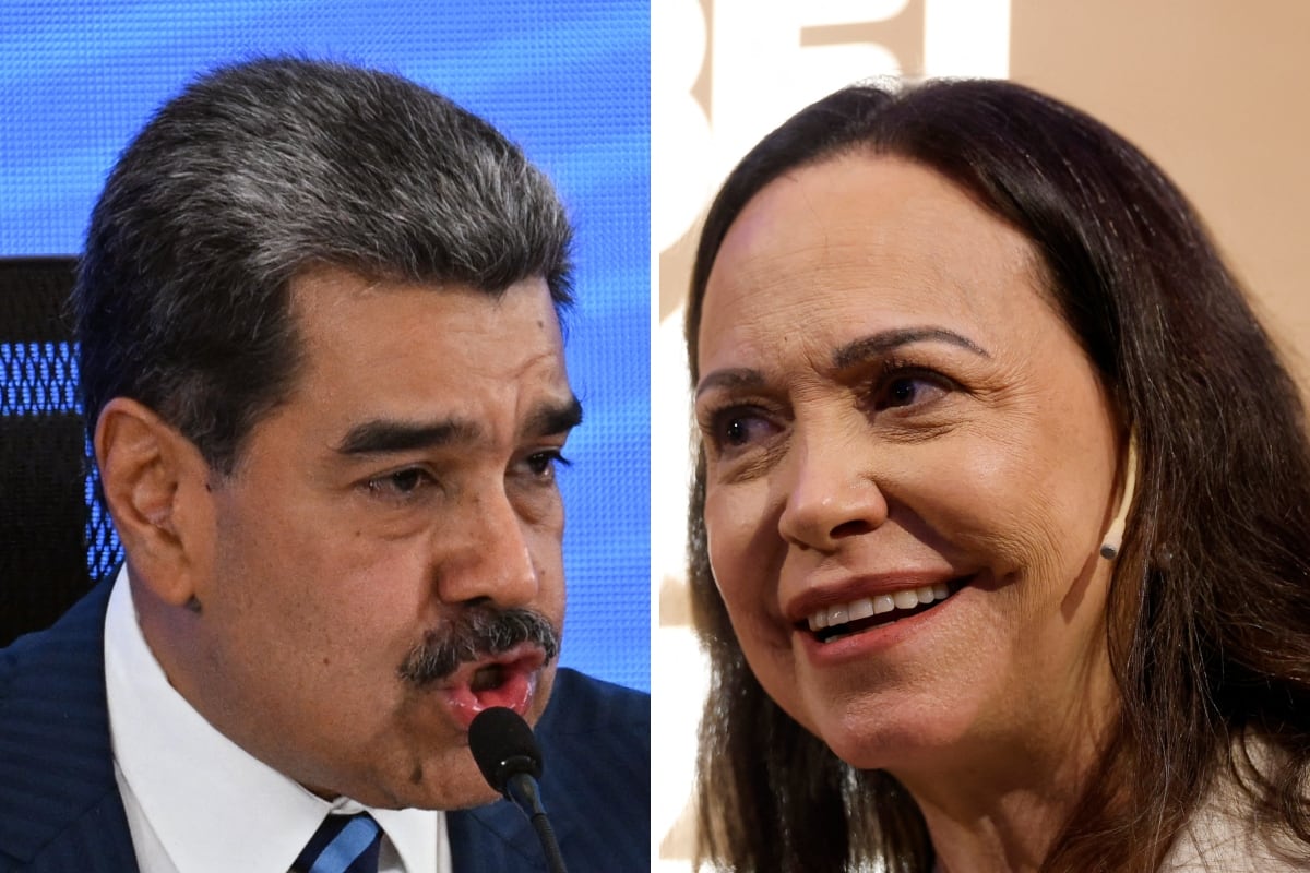 El líder chavista de Venezuela, Nicolás Maduro; y la opositora y Nobel de la Paz, María Corina Machado. (Federico PARRA / Odd ANDERSEN / AFP)