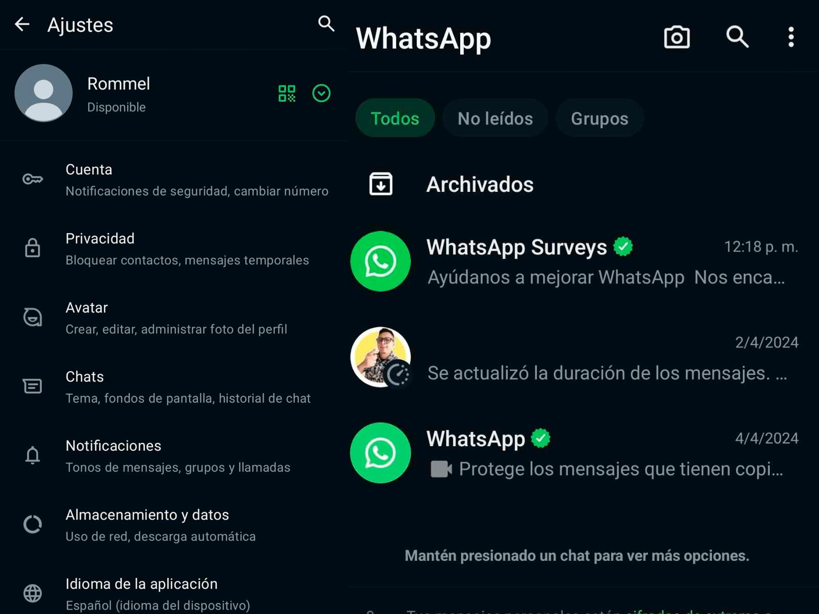 WHATSAPP | Así debe quedarte todo el "modo oscuro" de WhatsApp renovado. (Foto: MAG - Rommel Yupanqui)
