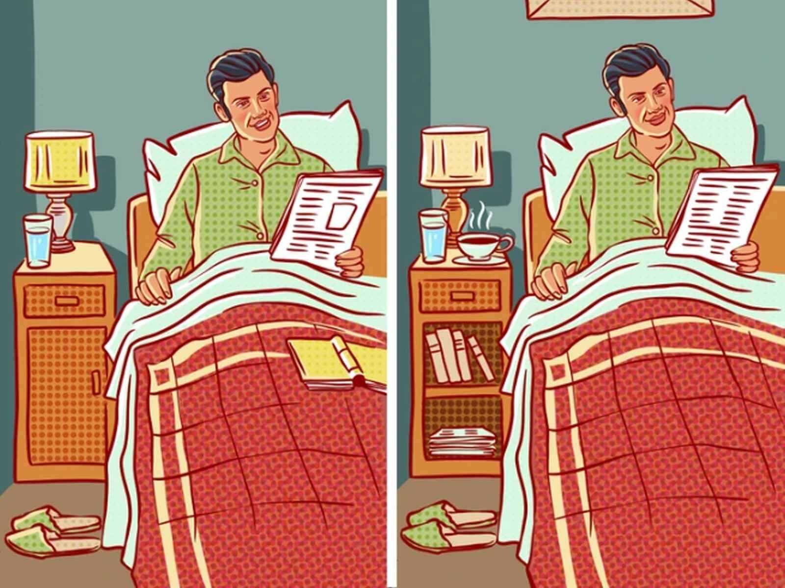 RETO VISUAL | Estas imágenes de un hombre leyendo un periódico en su cama parecen iguales, pero no. Tienen diferencias. (Foto: genial.guru)