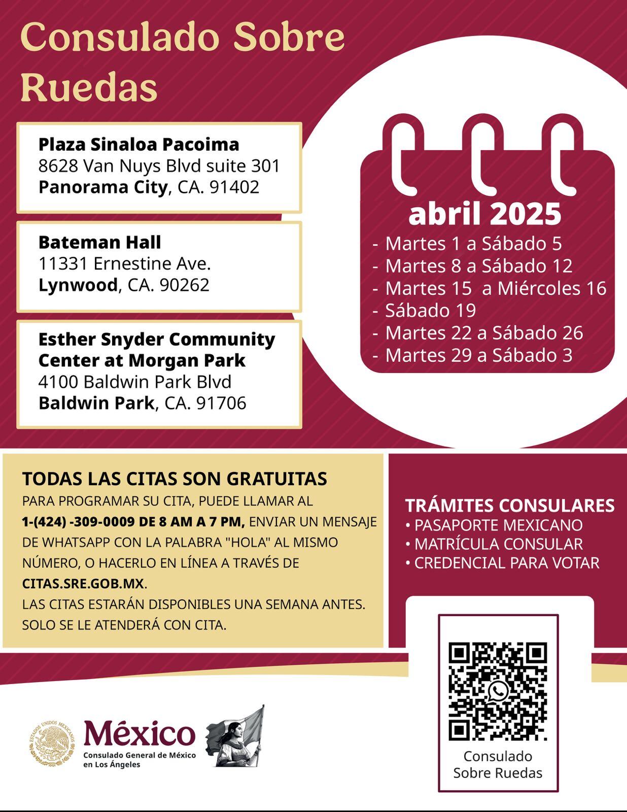 Fechas, y ubicaciones del Consulado Sobre Ruedas de México en Los Ángeles. | Crédito: consulmex.sre.gob.mx