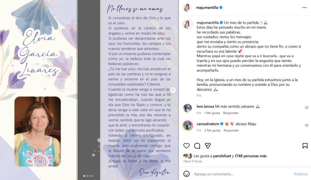 Maju Mantilla comparte emotivo mensaje a un mes de la muerte de su madre. (Foto: Captura de IG)