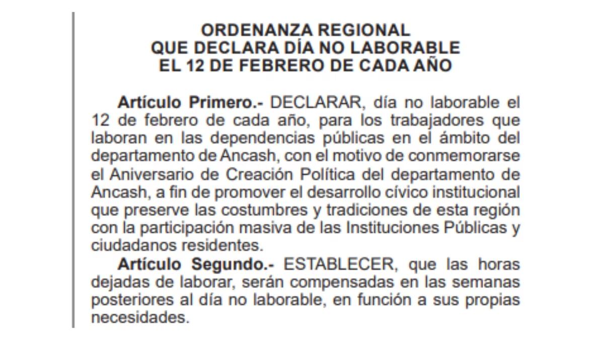 Ordenanza Regional que establece cada 12 de febrero como día no laborable en Ancash. | El Peruano