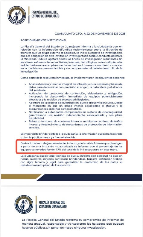 Pie de imagen: Comunicado en el que la Fiscalía de Guanajuato admite haber sido atacada. Fuente: X (@VH_Aguilera).