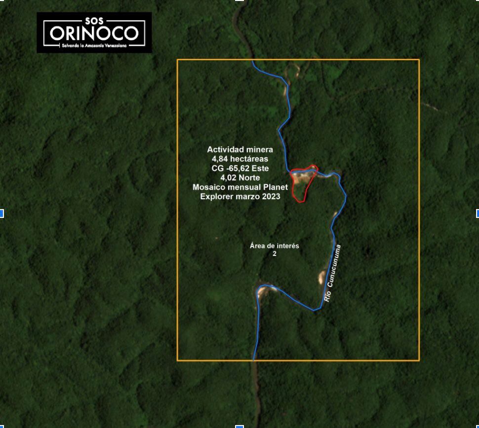 Foco del río Cunucunuma documentado por SOS Orinoco en marzo de 2023. La mina se expandió entre 2021 y 2022. Crédito: SOS Orinoco.