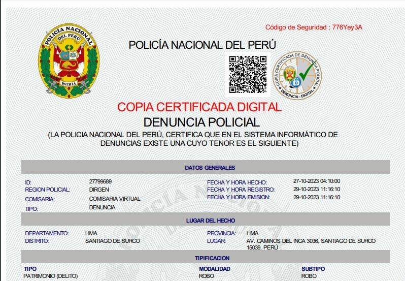 Denuncia que hizo Adrián ante la PNP.