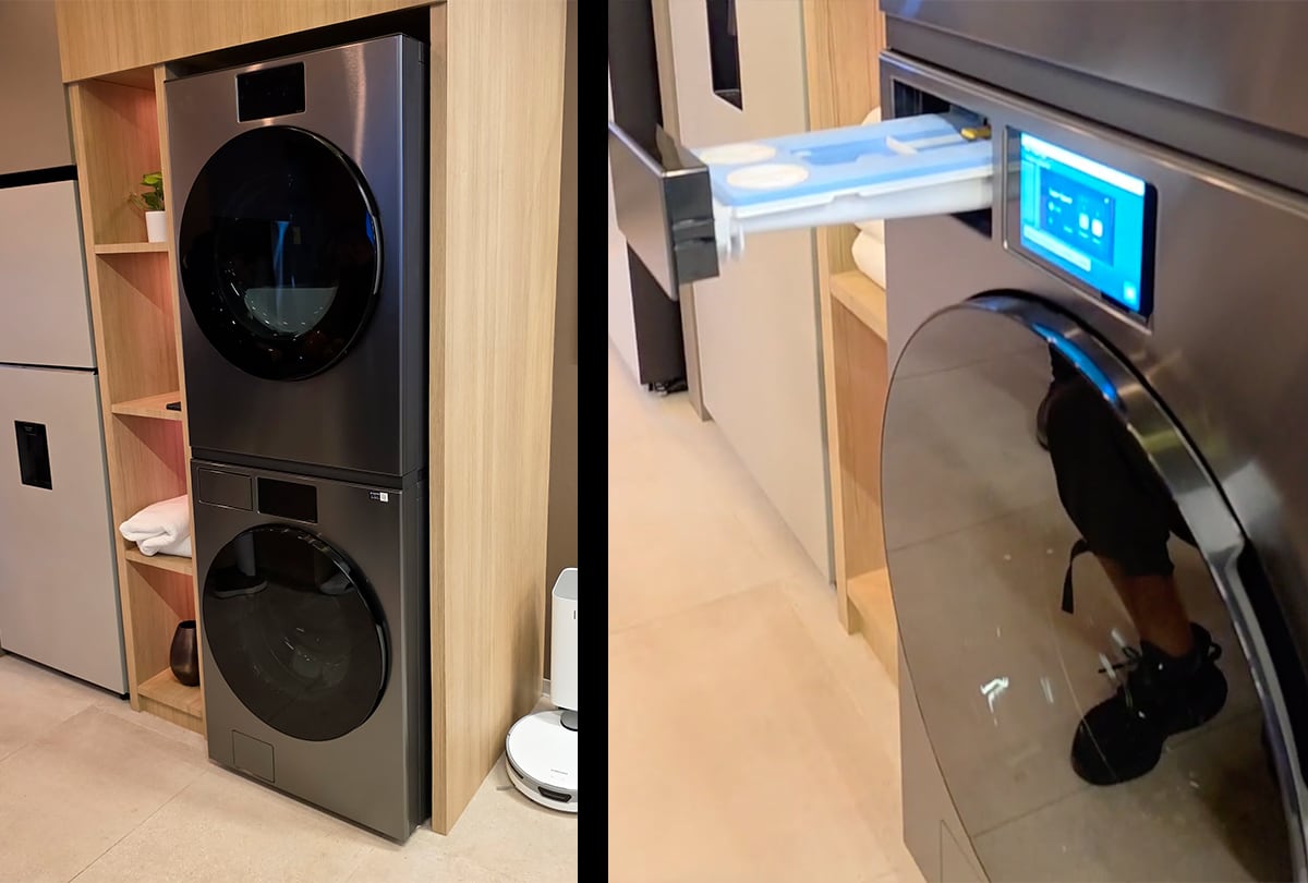 Centro de Lavado Bespoke AI (lavadora y secadora apiladas en vertical) y su dispensador de líquidos.