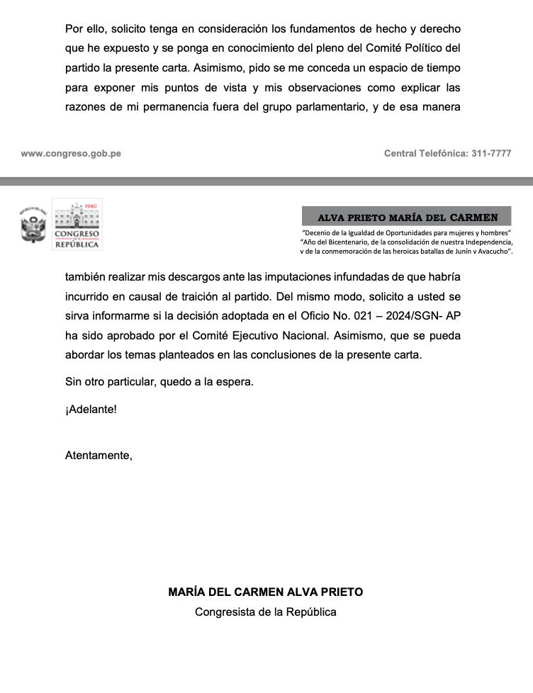 María del Carmen Alva respondió con un oficio de 41 página rechazando reincorporarse a la bancada de la lampa, y pidiendo una audiencia con el Comité Político.