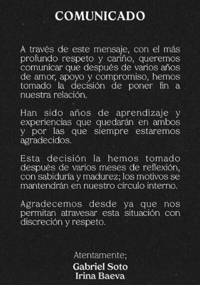 El comunicado de los actores anunciando su separación (Foto: Irina Baeva / Instagram)