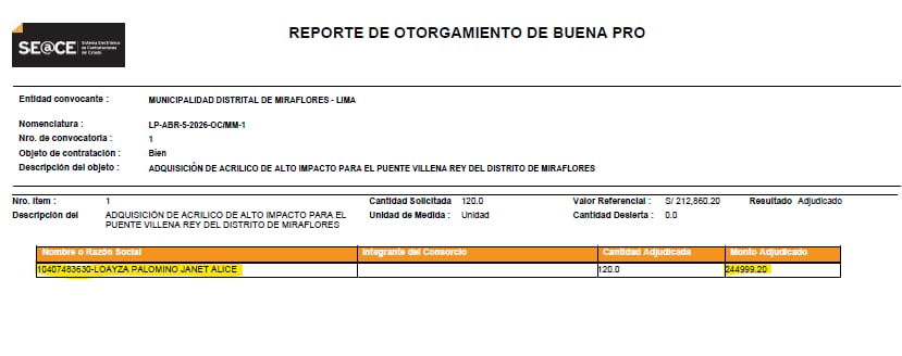 Reporte de otorgamiento de buena pro.