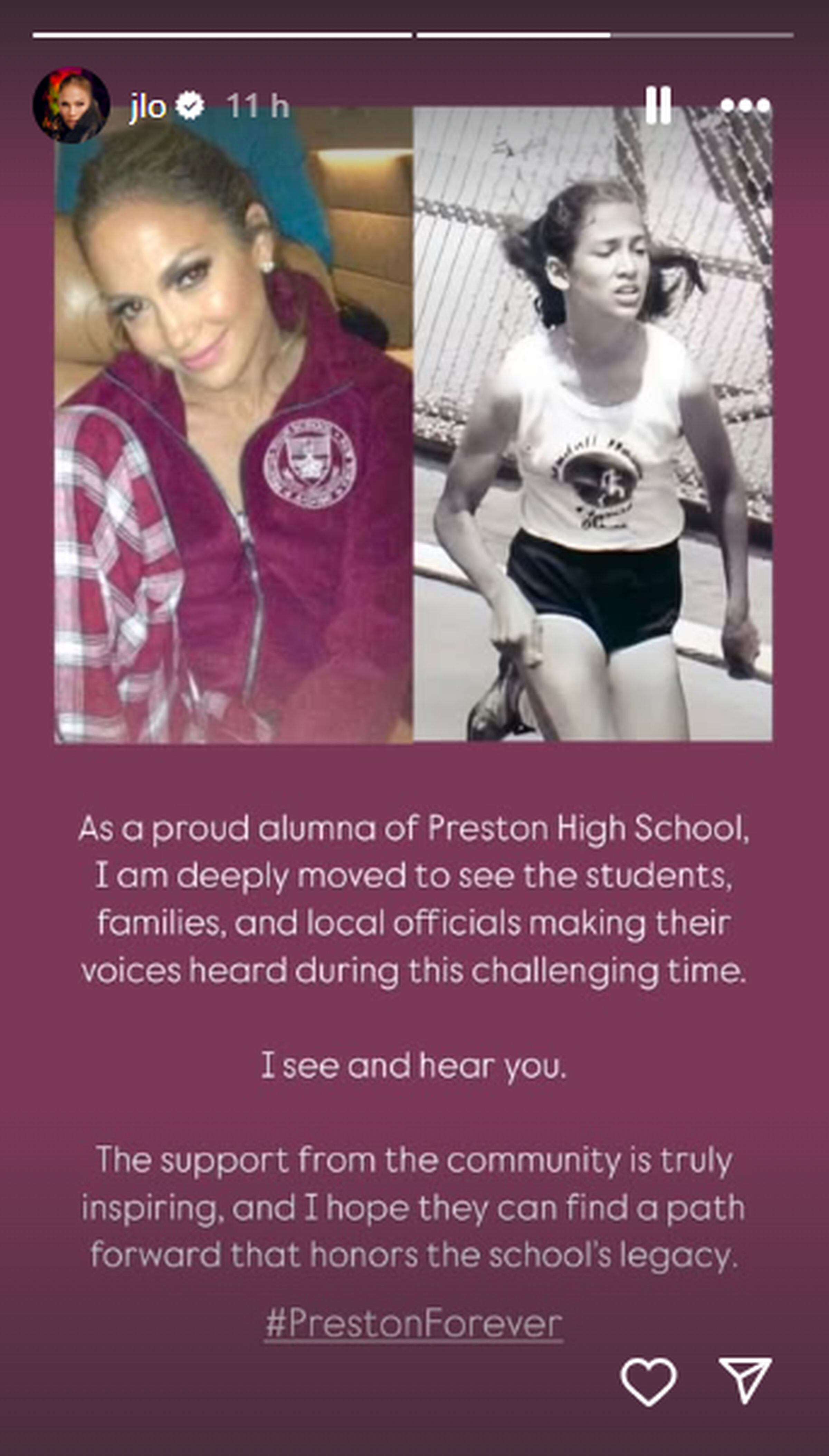 Este es el mensaje de apoyo que escribió Jennifer Lopez y publicó en Instagram Stories. Ella adjuntó dos fotos de su etapa escolar. (Foto: @jlo / Instagram)