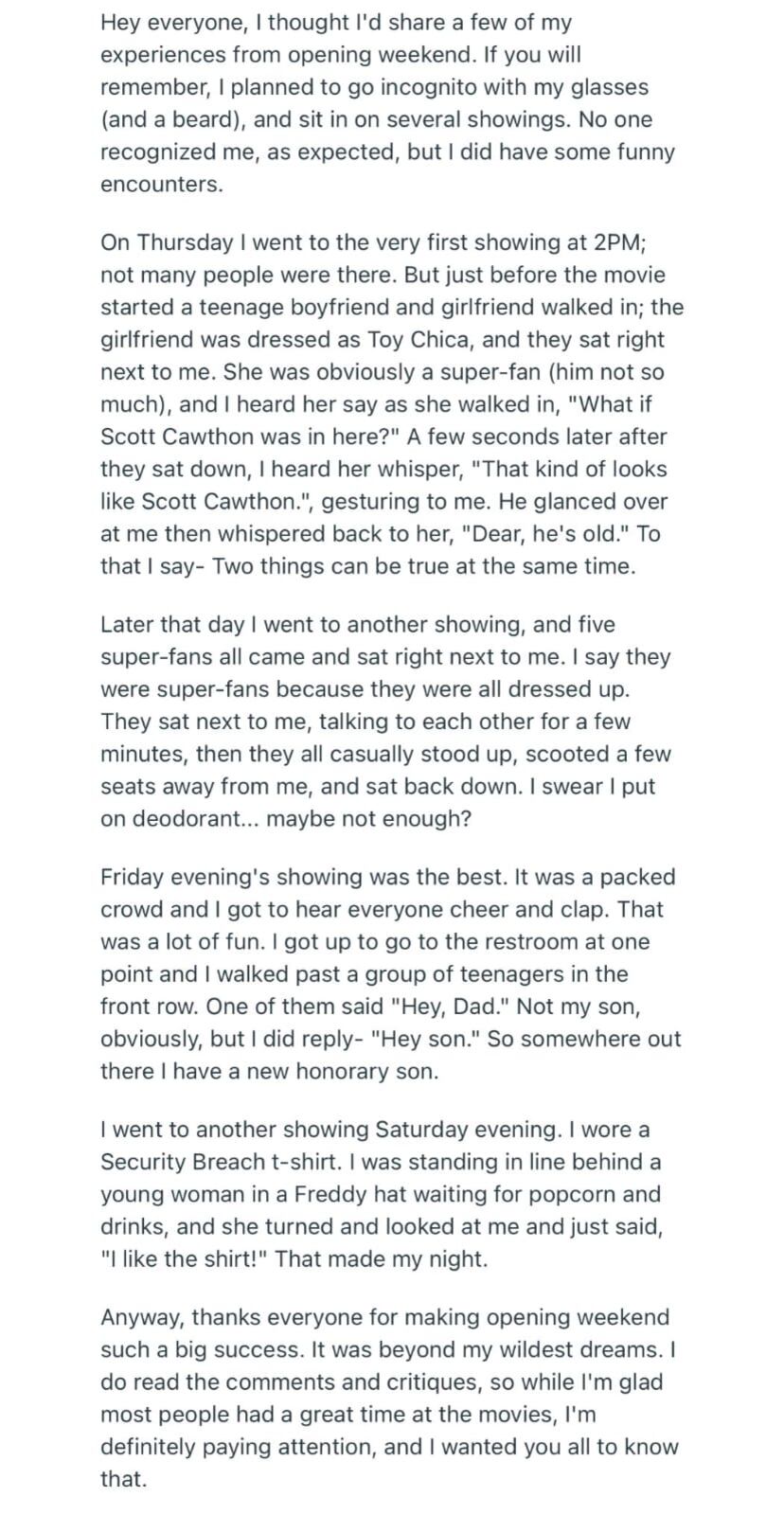 El agradecimiento de Scott Cawthon por el éxito de "FNAF" (Foto: r/fivenightsatfreddys / Reddit)