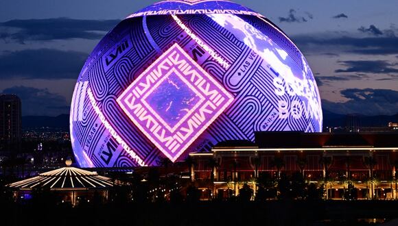 The words Super Bowl are displayed on the Sphere arena ahead of Super Bowl LVIII in Las Vegas, Nevada on February 7, 2024. (Photo by Patrick T. Fallon / AFP)