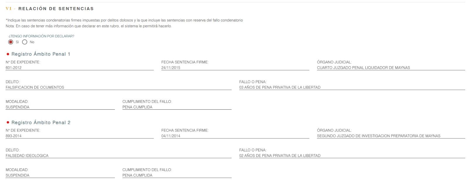 Dos condenas registró Zegarra en la hoja de vida que presentó ante las autoridades electorales para las elecciones generales de 2021.