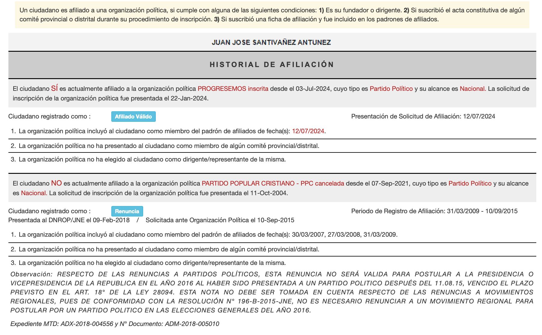Pese a que anunció su declinación en julio, el ministro del Interior mantiene la condición de "afiliado válido" a Progresemos en los registros del JNE. (Imagen obtenida el 22 de setiembre).