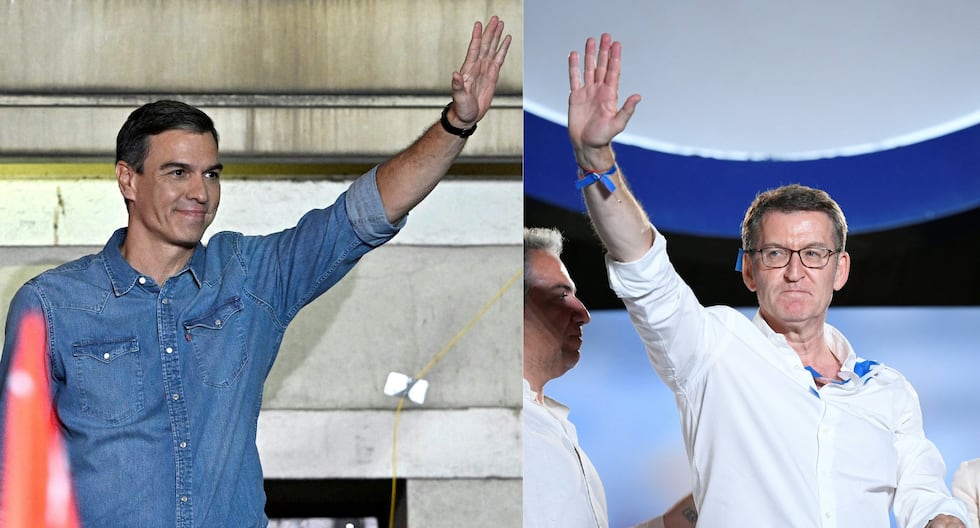 El candidato a la reelección del Partido Socialista (PSOE) Pedro Sánchez (izq) y el líder y candidato del conservador Partido Popular Alberto Núñez Feijoo. (Foto de JAVIER SORIANO y OSCAR DEL POZO / AFP).