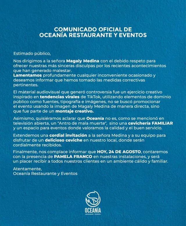 Comunicado de Oceanía ante las declaraciones de Magaly Medina. (Captura)