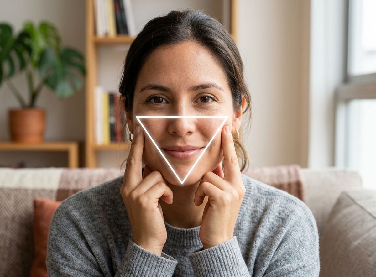El Triángulo de la Juventud, también conocido como el triángulo de la belleza facial, es una forma equilátera que se traza uniendo los puntos más altos de cada pómulo con el centro del mentón. (Crédito: Imagen referencial creada por El Comercio MAG usando la IA de Gemini)
