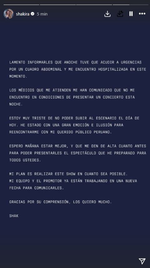 Shakira cancela su primer concierto en Lima. Emitió un comunicado para explicar que sigue internada. (Foto: Instagram)