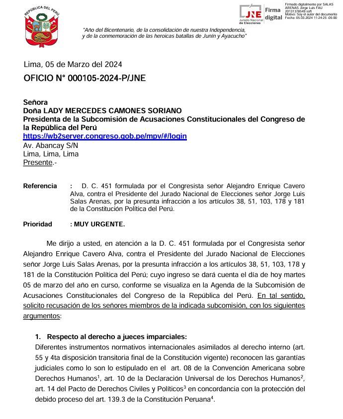 Jorge Salas Arenas pide a toda la subcomisión que se inhiba o sea recusada.