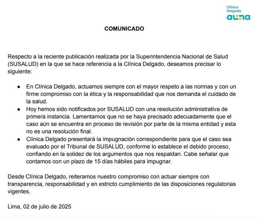El comunicado de la Clínica Delgado