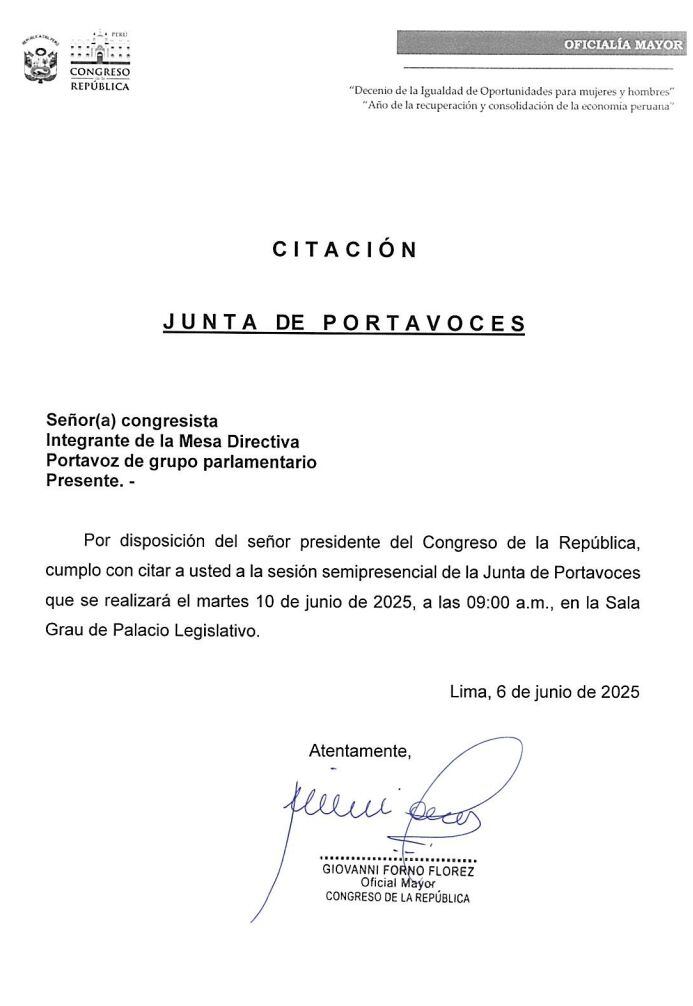 La Junta de Portavoces sesiona este martes 10 de junio para definir tiempos del debate del voto de confianza.