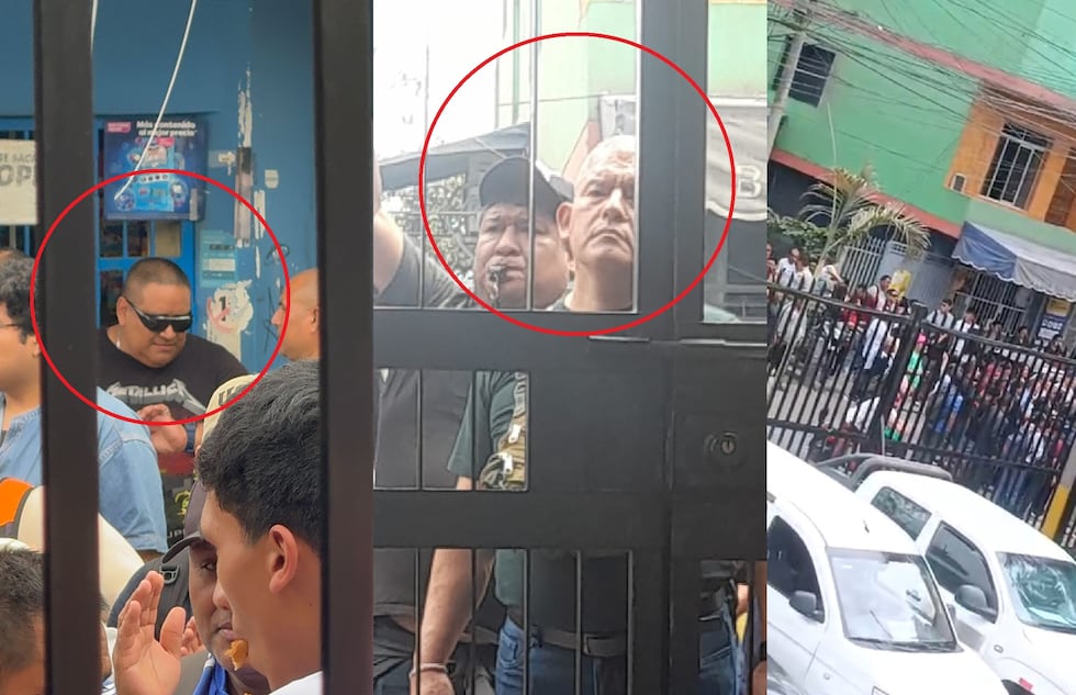 Desconocidos cercaron esta mañana la sede central de la DIRIS Lima Norte y bloquean salida de decenas de trabajadores, incluso reteniendo a varios de ellos. Entre ellos se reconoce a un sujeto identificado como Max Salavandez (izquierda), quien sería supervisor de la empresa de vigilancia y seguridad Optimus. Él estaría difundiendo información falsa, asegurando que la empresa aún mantiene vínculo con DIRIS Lima Norte y alentando huelgas a cambio del pago de salarios. Sin embargo, La DIRIS ha resuelto el contrato con la empresa por incumplimientos y presuntas irregularidades.